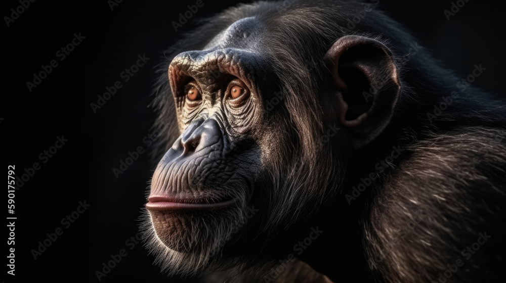 A portrait of a chimpanzee on a dark background, generative ai