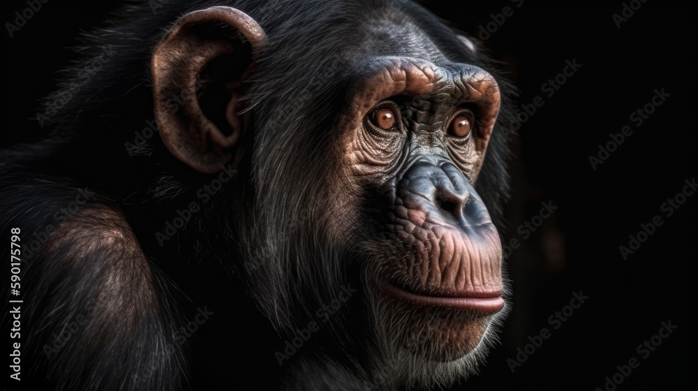 Naklejka premium A portrait of a chimpanzee on a dark background, generative ai