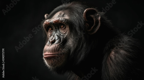 A portrait of a chimpanzee on a dark background, generative ai