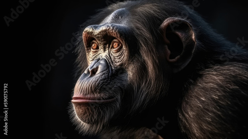 A portrait of a chimpanzee on a dark background  generative ai