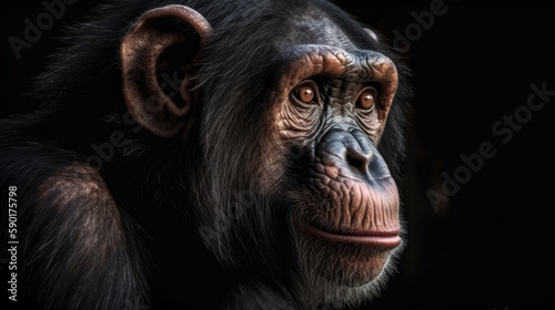 A portrait of a chimpanzee on a dark background, generative ai © TheGoldTiger