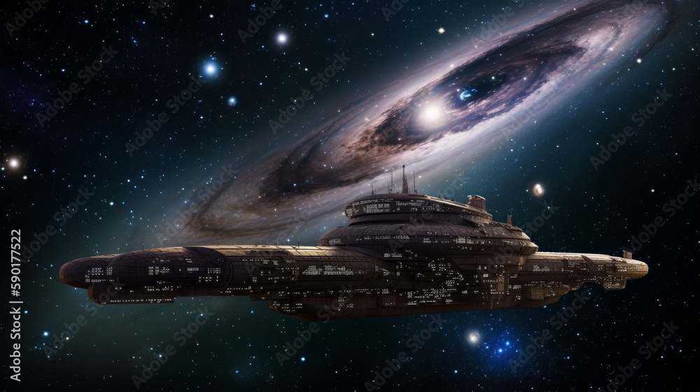 a vast galaxy with thousands of stars and planets with ferry ship, generative ai