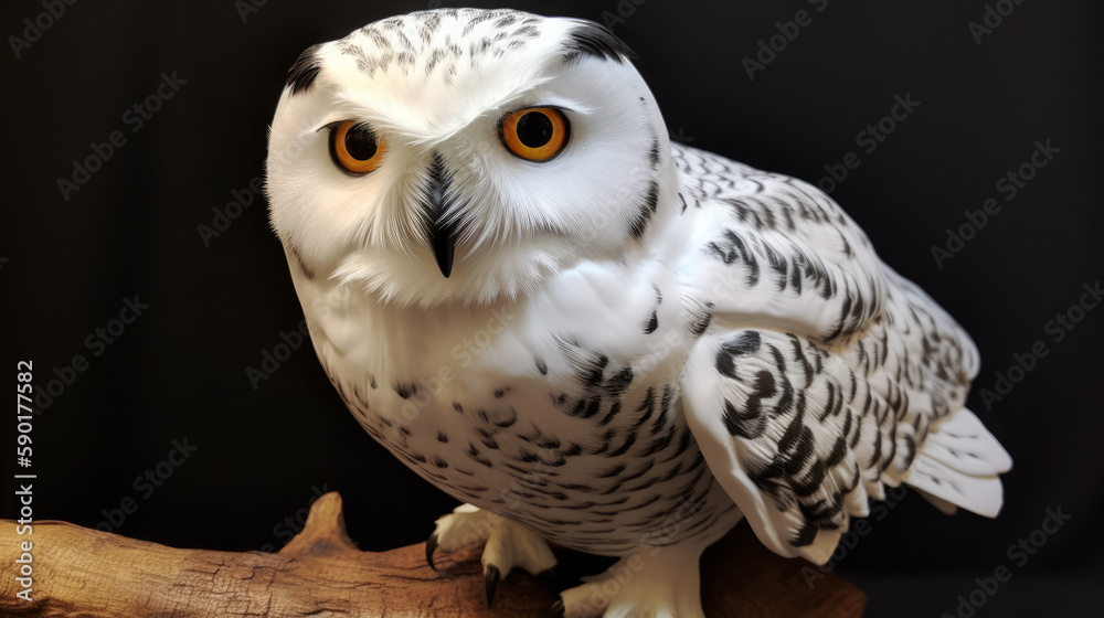 Obraz premium snowy owl portrait, very beautiful white owl with ember eyes, generative ai