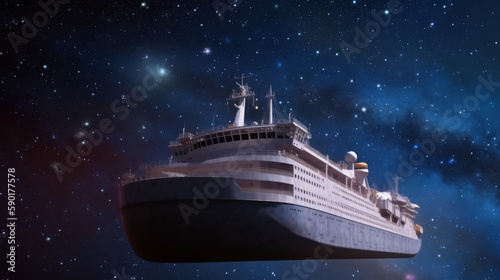 a vast galaxy with thousands of stars and planets with ferry ship, generative ai © TheGoldTiger