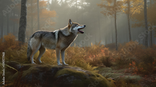 portrait of a wolf, wolf howls at edge of a forest with fog behind him, generative ai