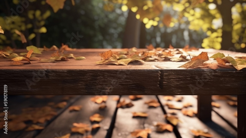 autumn leaves on a wooden table, wooden table topped with leaves under a tree in autumn, generative ai