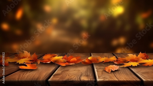 autumn leaves on a wooden table  wooden table topped with leaves under a tree in autumn  generative ai