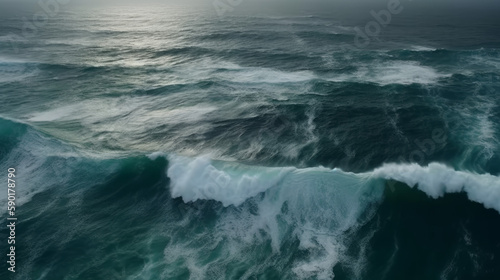 Aerial view of big waves on ocean, generative ai © TheGoldTiger