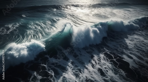 Aerial view of big waves on ocean  generative ai
