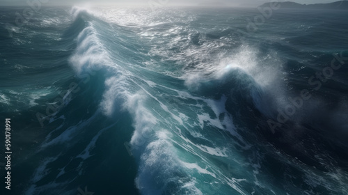 Aerial view of big waves on ocean, generative ai