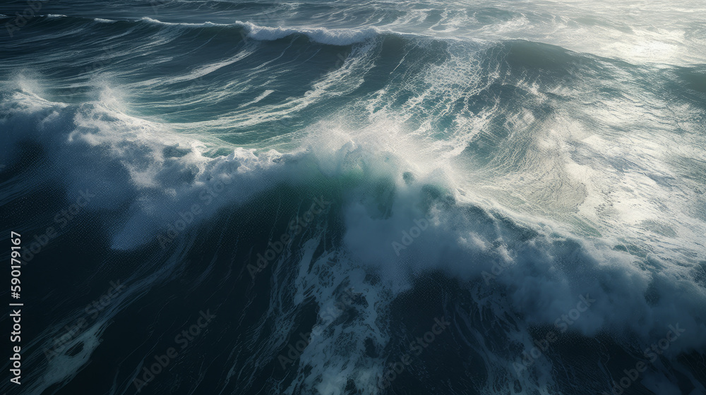 Fototapeta Aerial view of big waves on ocean, generative ai