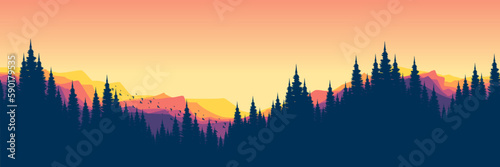 mountain sky landscape mountain forest sunrise view with tree silhouette vector illustration good for wallpaper, background, backdrop, banner, and design template © FahrizalNurMuhammad
