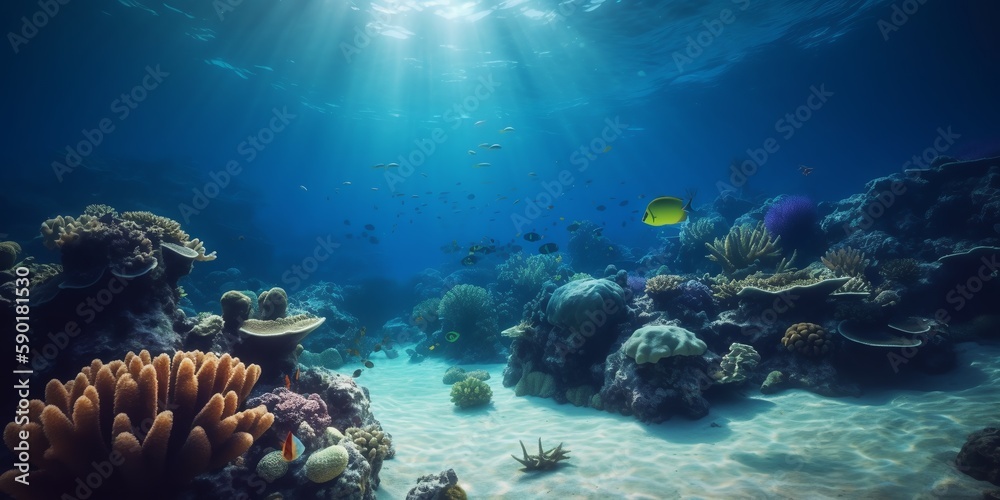 Obraz premium Under the water. Underwater panorama with coral reefs and fishes. Background. Underwater scene - tropical seabed with reef and sun. Generative AI
