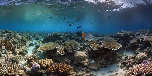 Under the water. Underwater panorama with coral reefs and fishes. Background. Underwater scene - tropical seabed with reef and sun. Generative AI © Ruslan Shevchenko