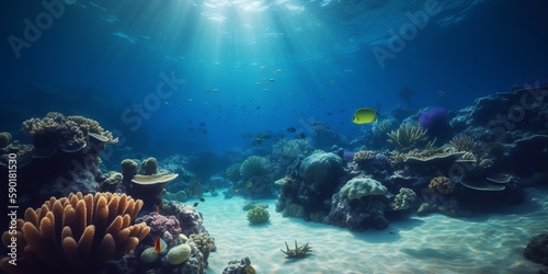 Under the water. Underwater panorama with coral reefs and fishes. Background. Underwater scene - tropical seabed with reef and sun. Generative AI