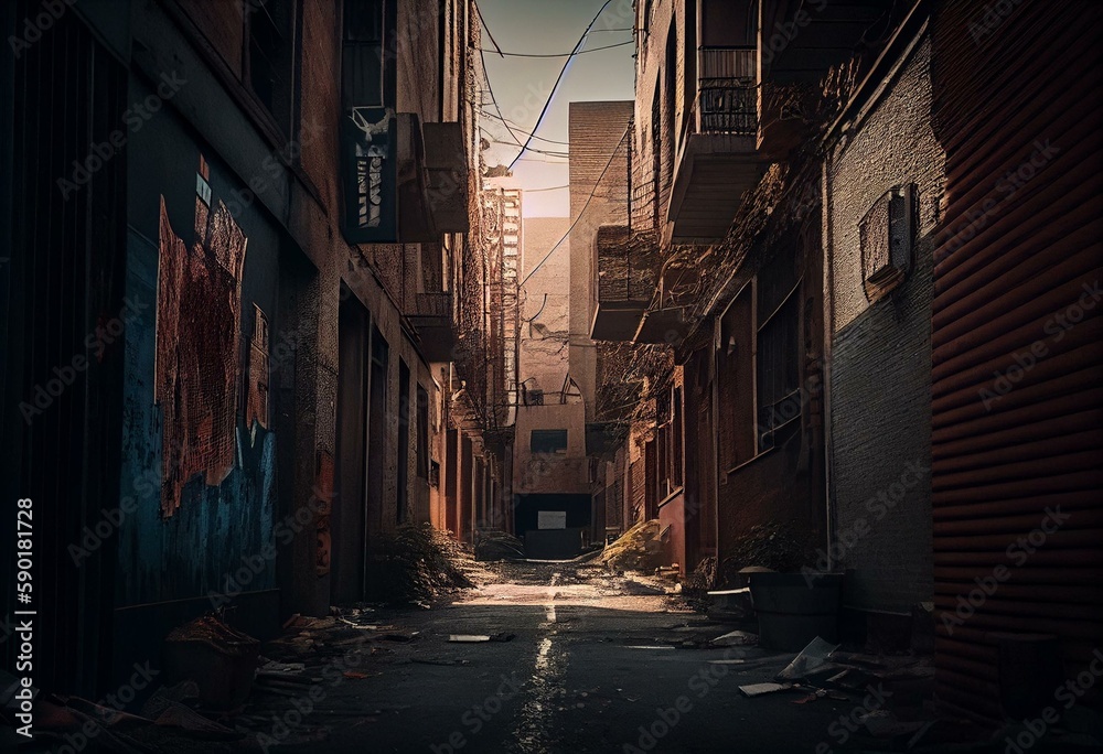 Desolate urban alley surrounded by buildings. Generative AI