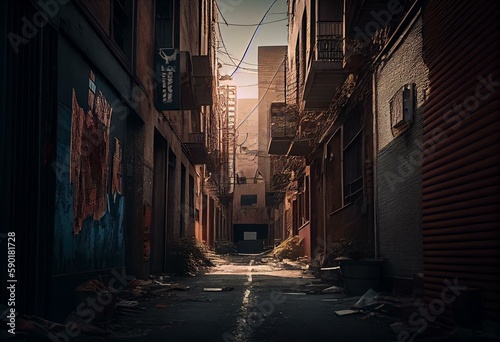 Desolate urban alley surrounded by buildings. Generative AI © Mason