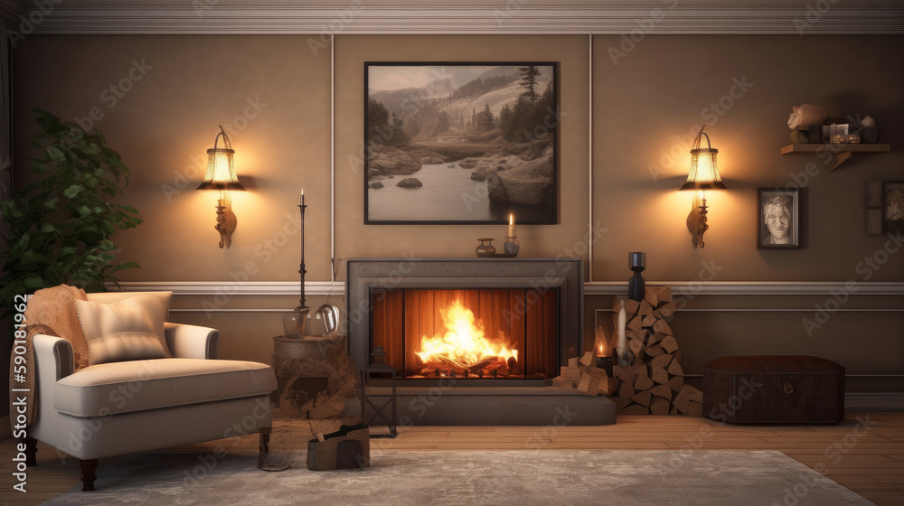 Luxury living room with fireplace, generative ai Luxury living room with fireplace, generative ai
