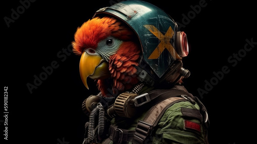 Parrot with a helmet and communication device, generative ai