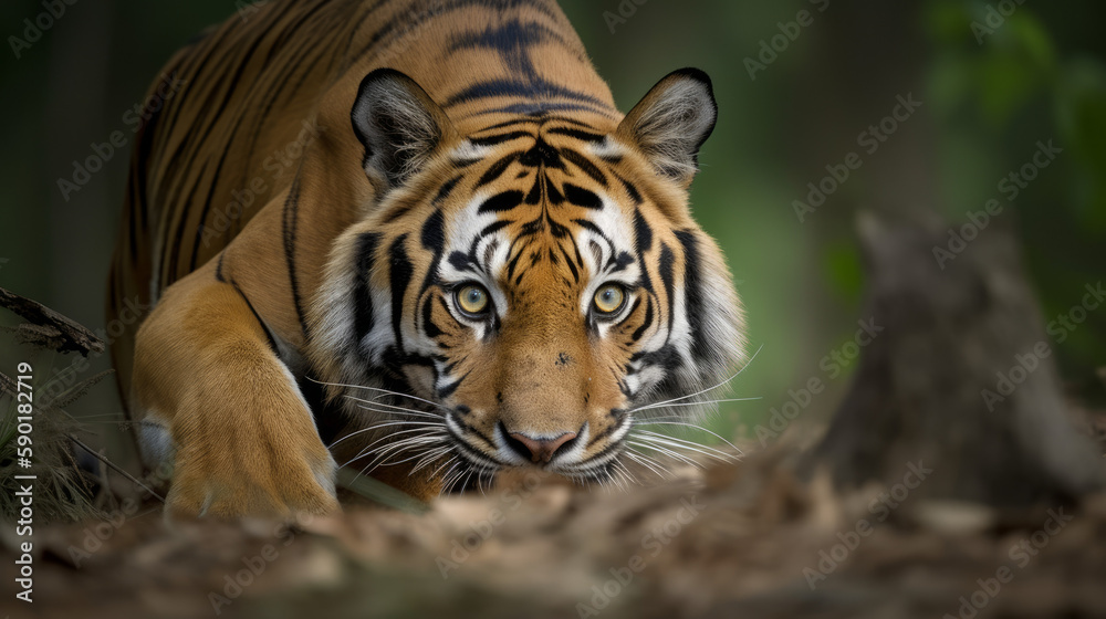 Crouching tiger on the hount for his prey, generative ai Crouching tiger on the hount for his prey, generative ai