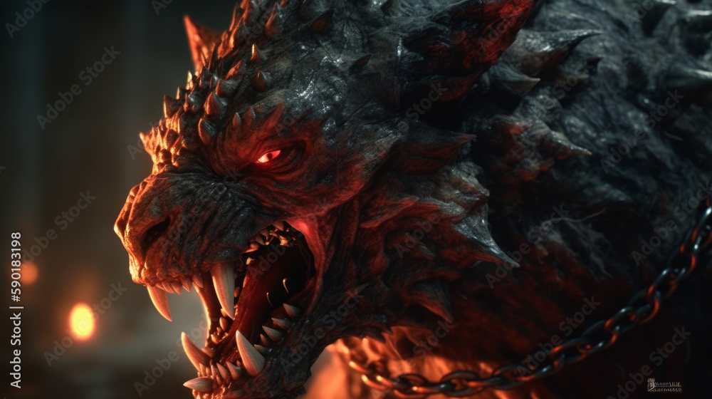 Demon monster hellhound on fire in hell, generative ai Demon monster hellhound on fire in hell, generative ai