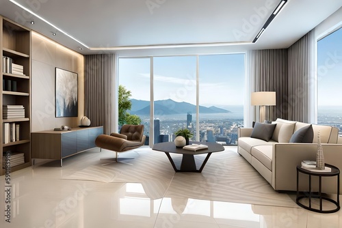 A living room with a view of the city