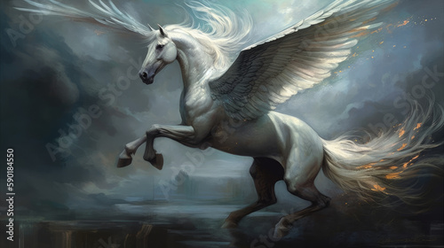 white horse in the blue  white pegasus in heaven  generative ai