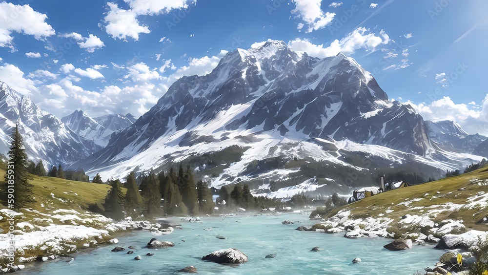  Alpine Mountains Landscape on a Bright Sunny Summer Day with Mountain River and Snowy Peaks