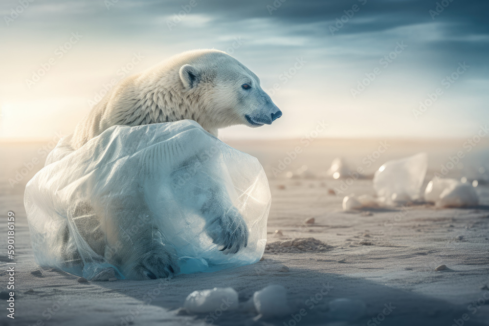 A polar bear wrapped in a transparent plastic bag in the desert, generative ai illustration