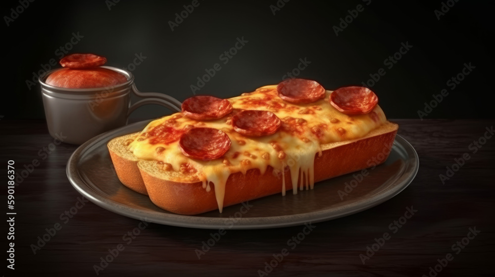 Garlic bread with pepperoni sausage and cheese, generative ai