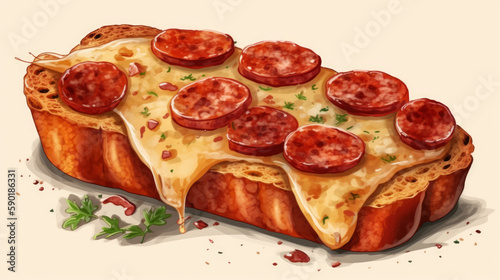 Garlic bread with pepperoni sausage and cheese, generative ai