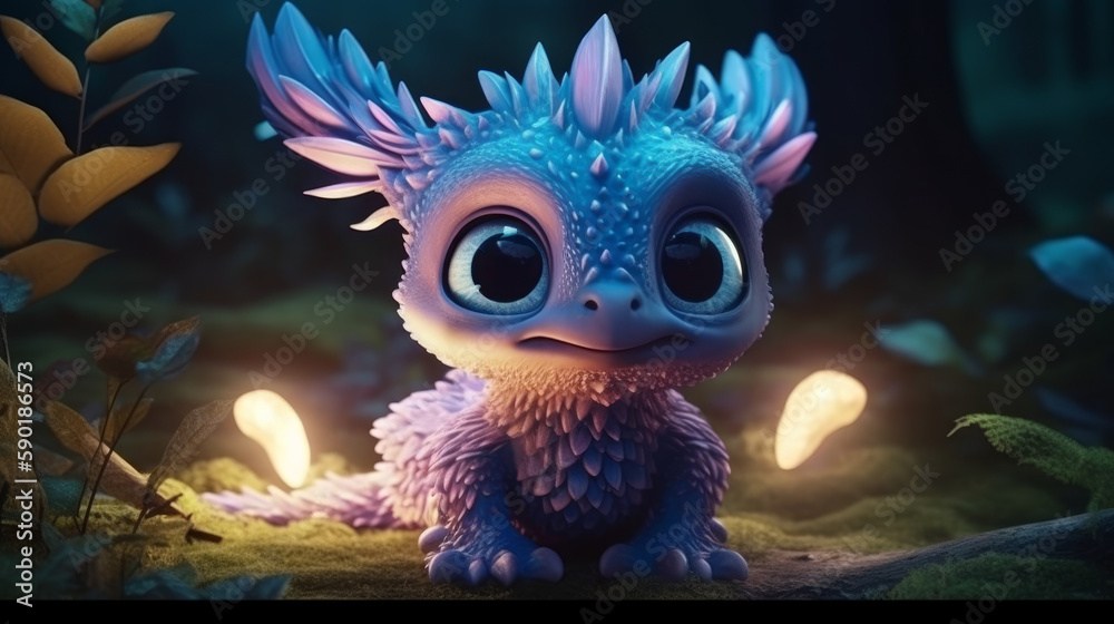 Glowing funny baby dragon with feathers, generative ai Glowing funny baby dragon with feathers, generative ai