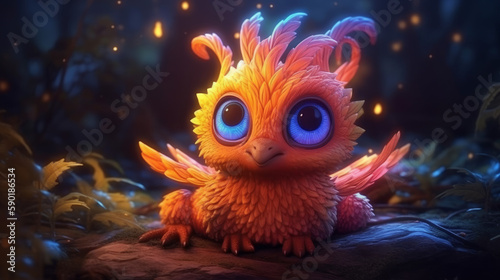 Glowing funny baby dragon with feathers, generative ai