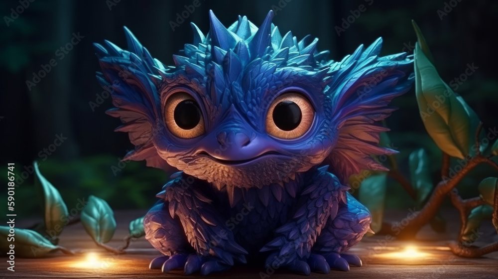 Glowing funny baby dragon with feathers, generative ai