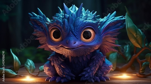 Glowing funny baby dragon with feathers, generative ai