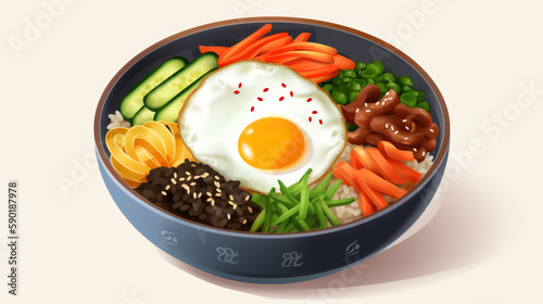 fried eggs with tomato and basil, korean bibimbap, generative ai