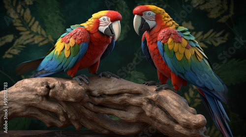 blue and yellow macaw, macaw couple, two parrots on a branch, generative ai © TheGoldTiger