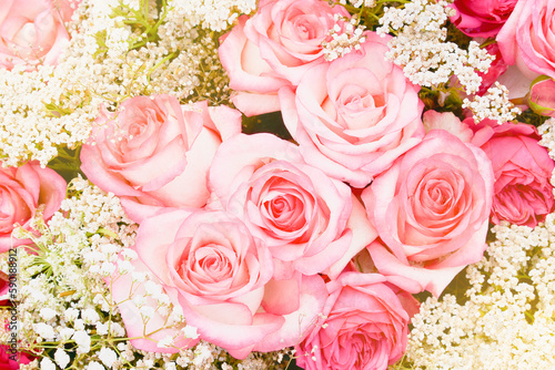 Pink roses bouquet. Top view  soft focus