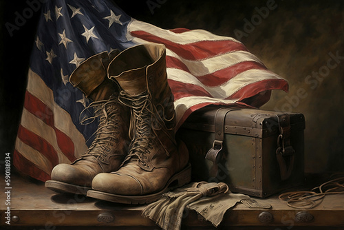 Memorial Day concept art of military boots and a locker with an American flag