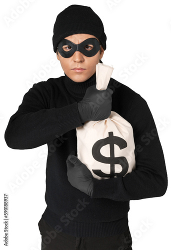 Fotografia Thief holding money bag isolated on white