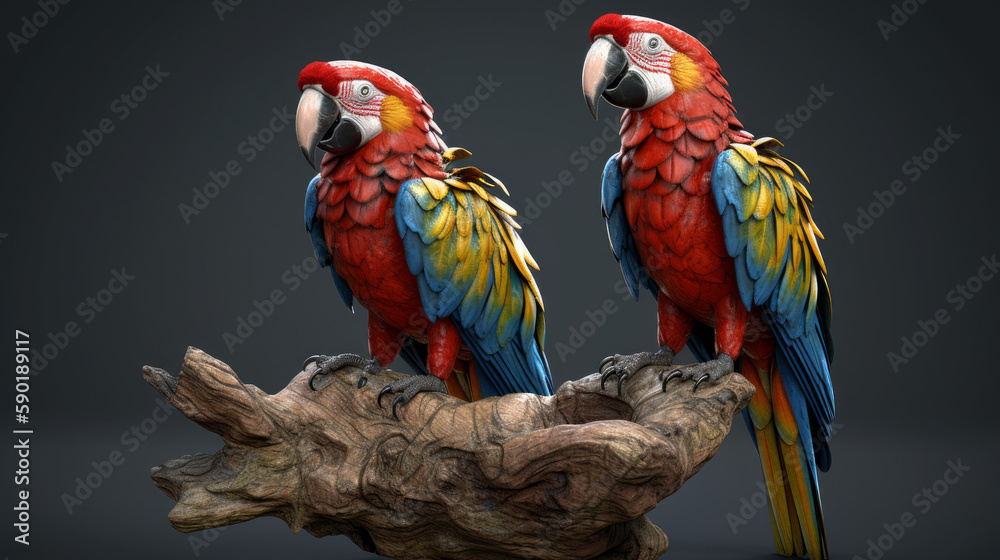 blue and yellow macaw, macaw couple, two parrots on a branch, generative ai