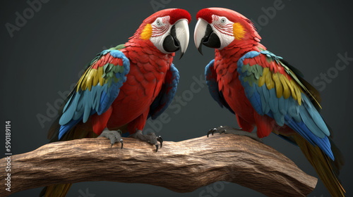 blue and yellow macaw, macaw couple, two parrots on a branch, generative ai