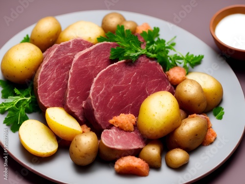 A plate of meat and potatoes with a bowl of carrots on the side made with generative Ai