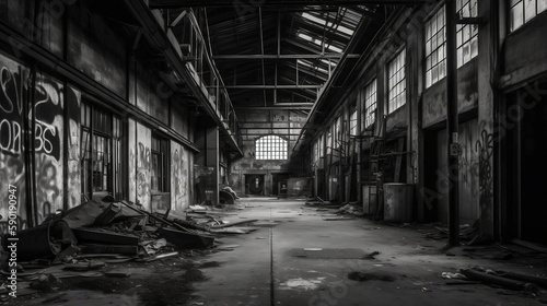 Abandoned factory interior. Created using generative AI.