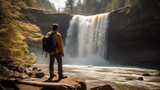Person standing near waterfall. Created using generative AI.
