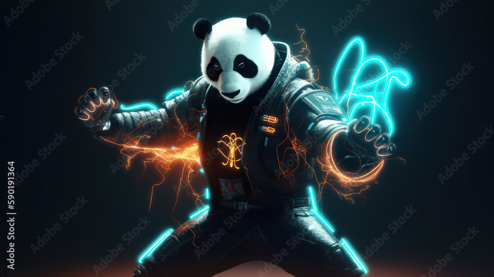 Cyberpunk panda wearing metal armor in fighting pose and neon lights, generative ai Cyberpunk panda wearing metal armor in fighting pose and neon lights, generative ai