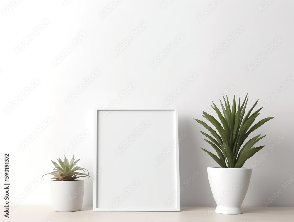 Mockup, hölzernes Bilderrahmen-Modell an der Wand im modernen Interieur. Grafikvorlage für Kunstwerke, Gemälde, Fotos oder Poster in der Innenarchitektur, generative AI Mockup, hölzernes Bilderrahmen-Modell an der Wand im modernen Interieur. Grafikvorlage für Kunstwerke, Gemälde, Fotos oder Poster in der Innenarchitektur, generative AI