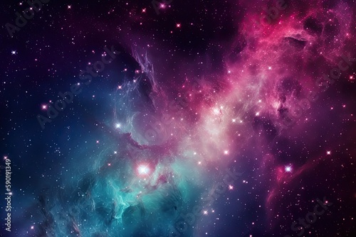 Seamless space texture background. Stars in the night sky with purple pink and blue nebula. A high resolution astrology or astronomy backdrop pattern. Generative AI