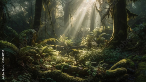Rain forest in the morning. Created using generative AI.