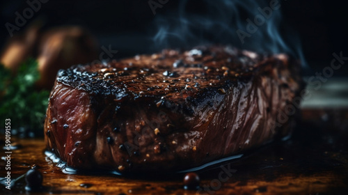 Pork chops on a plate, steak.. Created using generative AI.